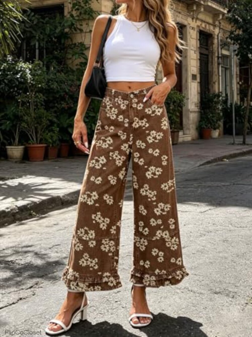 High Rise Wide Leg Crop Jeans Ruffle Hem Floral Patchwork - Picture 2 of 6